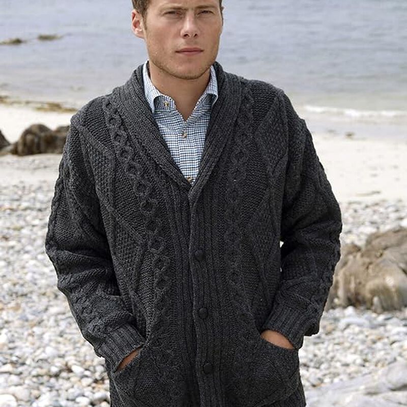 Men's Irish Aran Cable Knitted Button Cardigan - Charcoal